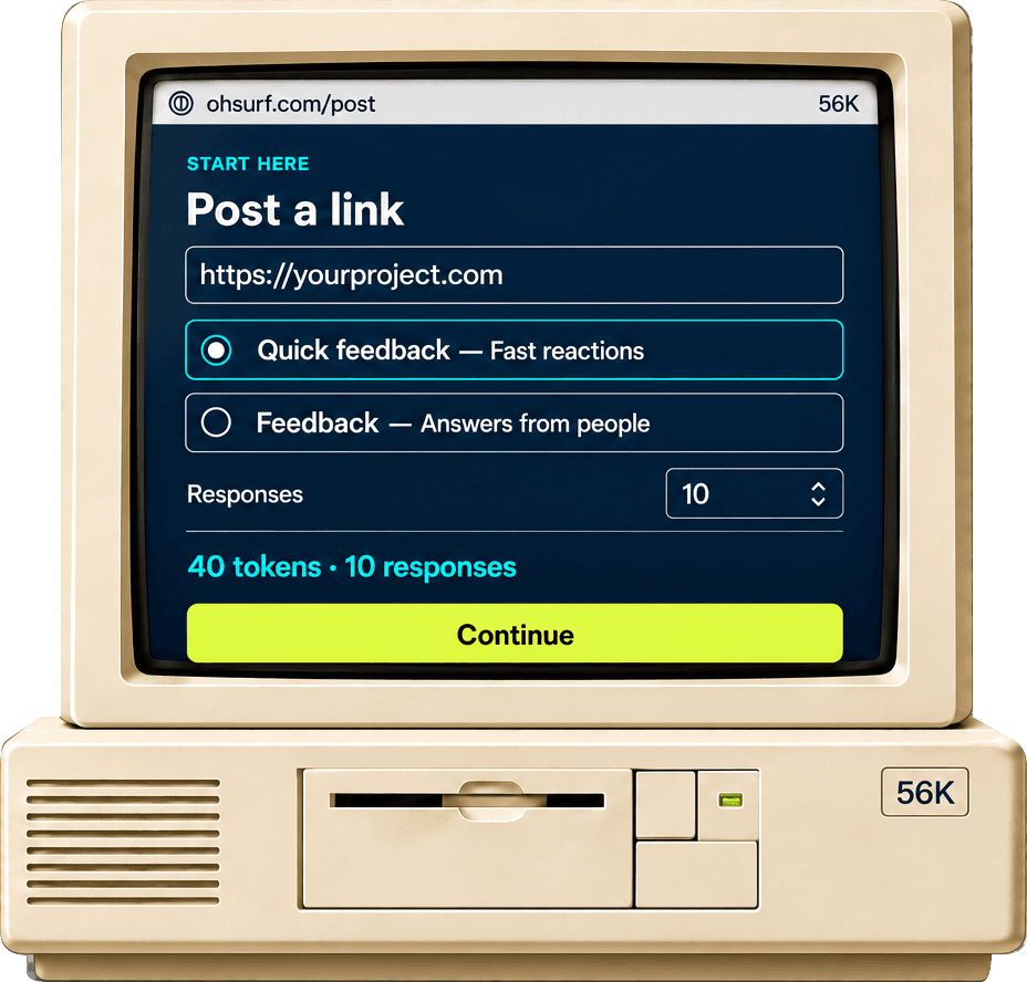 The post screen on a retro computer: a link, a choice of reactions or written feedback, and the price — 40 tokens for 10 responses.